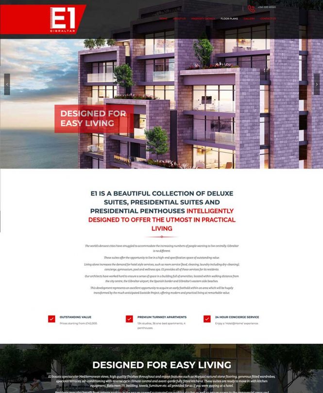 <h2>E1 Gibraltar Development website</h2>
Niche Creative Solutions produced the design marketing for the E1 Gibraltar Development, the high profile real estate development which is located in Gibraltar's east side. </br></br>

The brand extends to printed material such as brochures and advertising, as well as hoarding for the construction of the development and website too.</br></br>

e1gibraltar.gi</br></br>

#websitedesign #responsivedesign