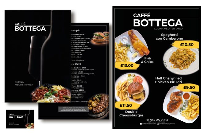 <h2>Caffé Bottega - Branding design</h2></br>
Brand design of Caffé Bottega's promotional material, including menus, signage and business cards.