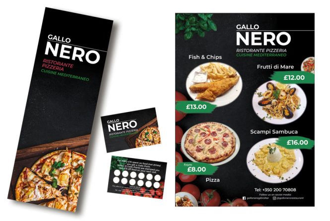 <h2>Gallo Nero Restaurant - Branding design</h2></br>
The client approached us in 2021 for a complete rebrand of their promotional material, including menus, signage and business/loyalty cards.